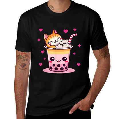 Funny Cat Boba Tea Cute Cat Anime With Bubble Tea Lover  Polyester Blend T-Shirt