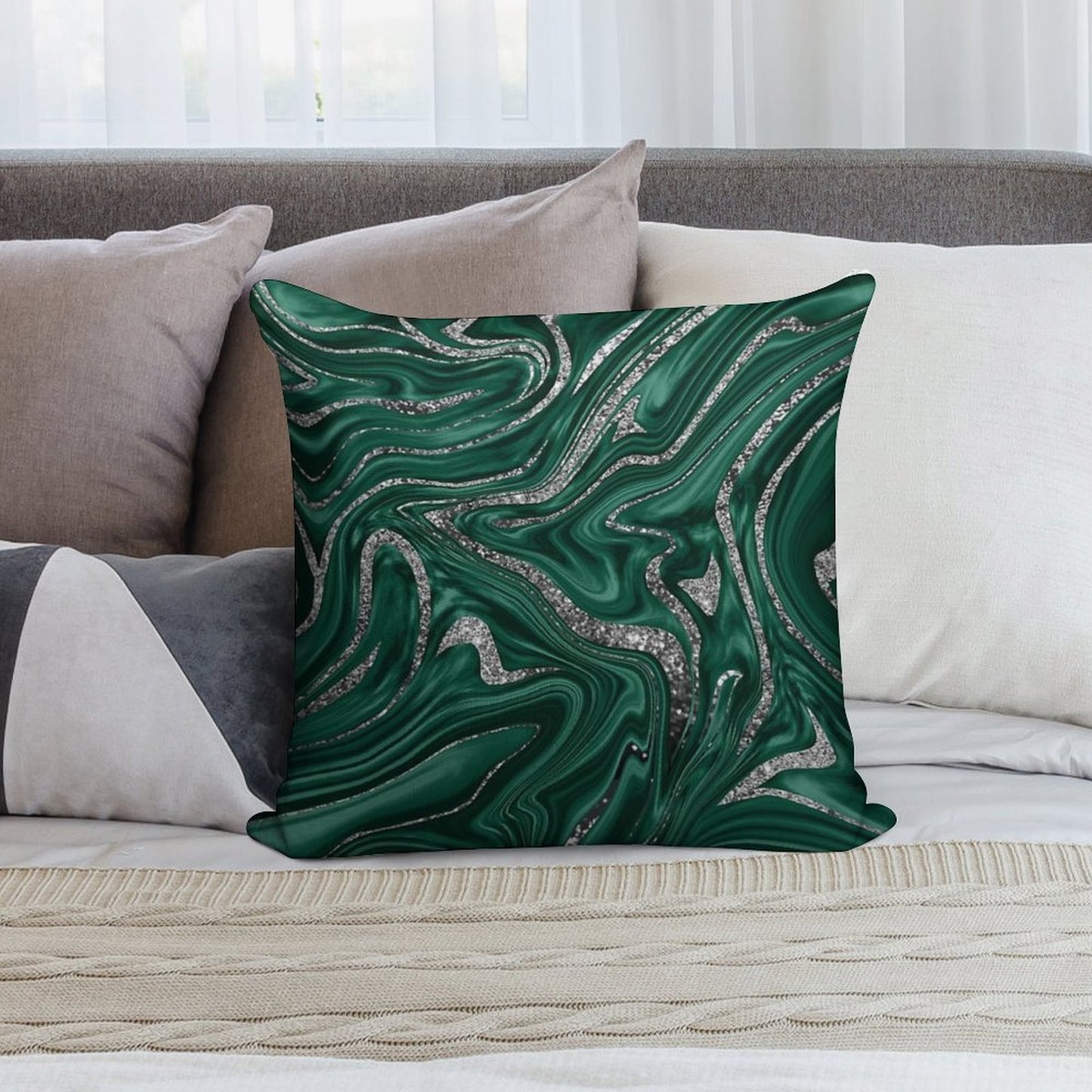 Emerald Green Black Silver Marble #1 (Photo of Glitter Only - Not Reflective) Soft Easy Maintenance Throw Pillow