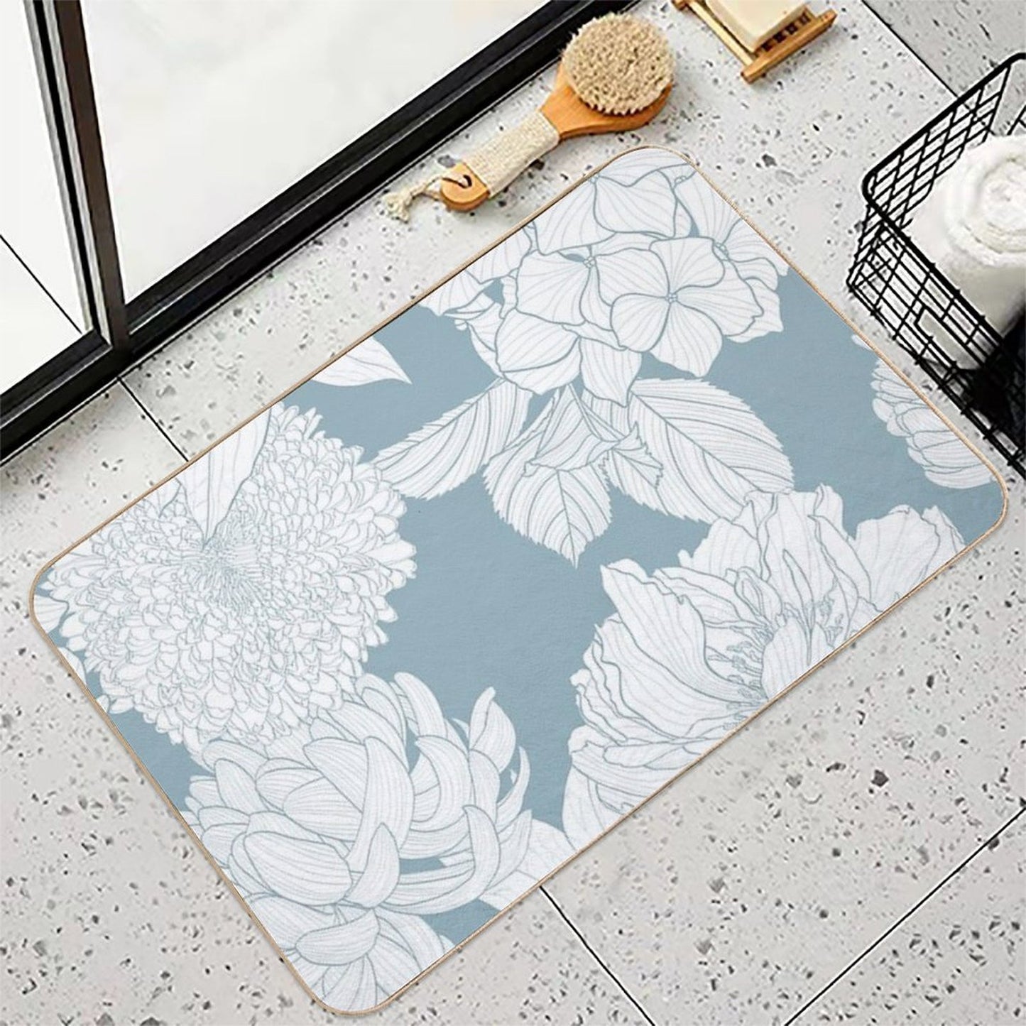Garden Flower Illustration. Line  Vintage Seamless Pattern.  Chrysathemum, Hydrangea, Peony Spring Line Illustration. Durable Bath Mat