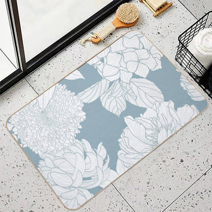 Garden Flower Illustration. Line  Vintage Seamless Pattern.  Chrysathemum, Hydrangea, Peony Spring Line Illustration. Durable Bath Mat