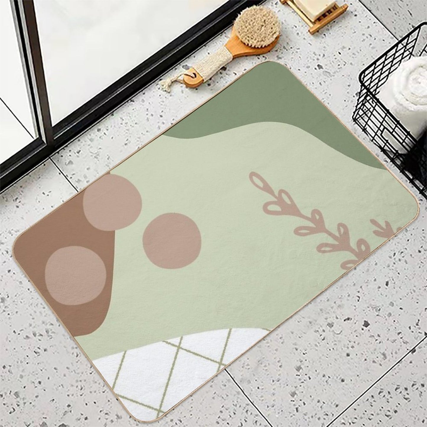 Brown, Sage Green, Olive Green And White Boho Abstract Minimalistic Design  Absorbent Bath Mat