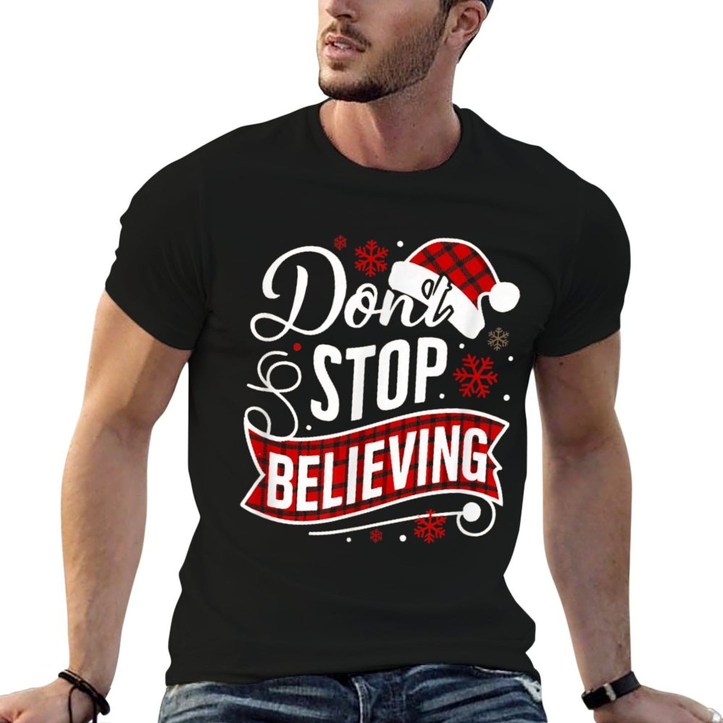 Santa Claus Dont Stop Believing Christmas Letter Print, Unisex-Adults, Black, Small,, Comfortable T-Shirt
