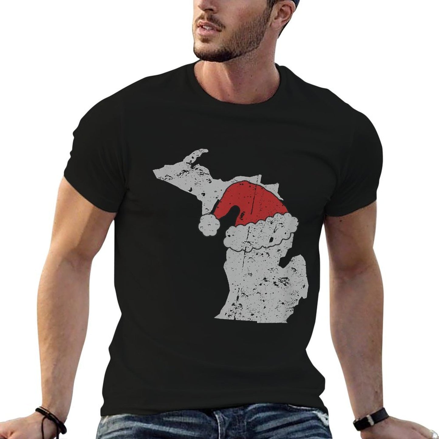 State of Michigan Christmas W Santa Hat Distressed  Vintage-inspired T-Shirt