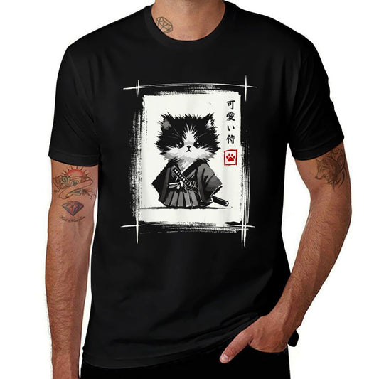 Samurai Cat Japanese Art Sumi-e Novelty Kawaii Funny Cat Relaxed-fit T-Shirt