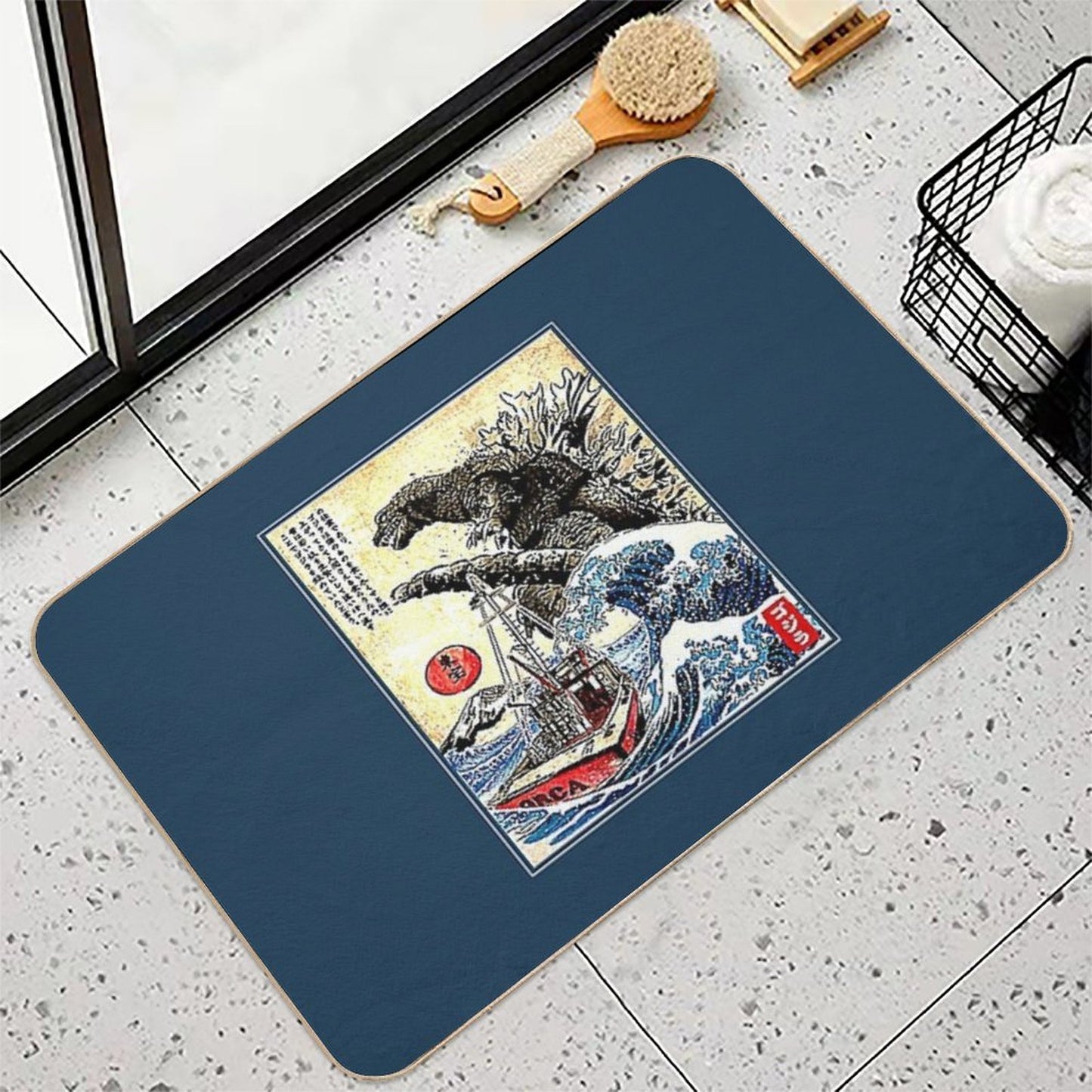 Orca in Japan Woodblock  Repositionable Bath Mat