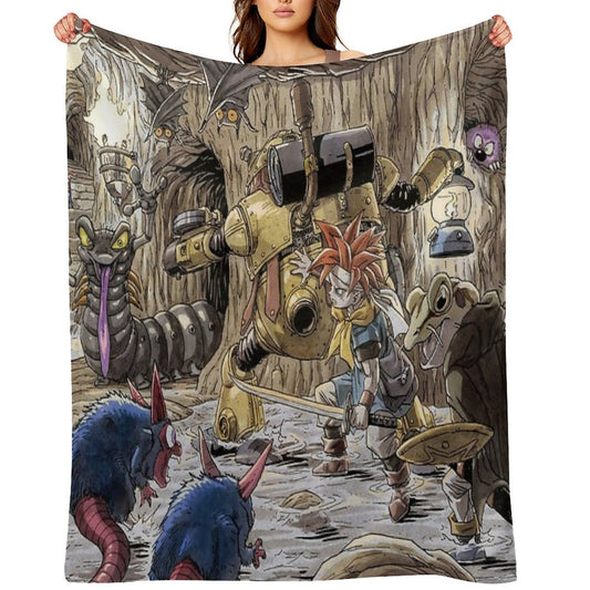 Crono, Robo, And Frog Traverse A Dark Cavern Filled With Monsters Chrono Trigger Gift-ready Throw Blanket