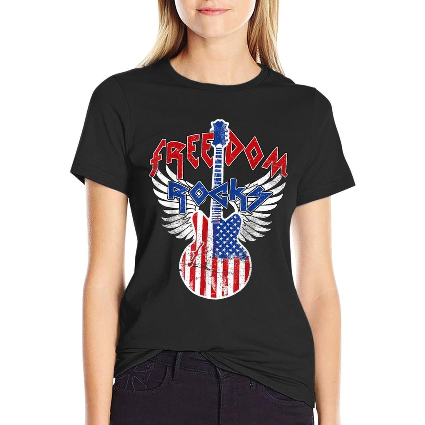 Freedom Rocks 4th of July Patriotic USA Rocks Guitar  Stretchy T-Shirt