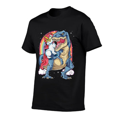 Unicorn Riding T Rex Dinosaur Boys Girls Men Women Rainbow  Cotton T-Shirt
