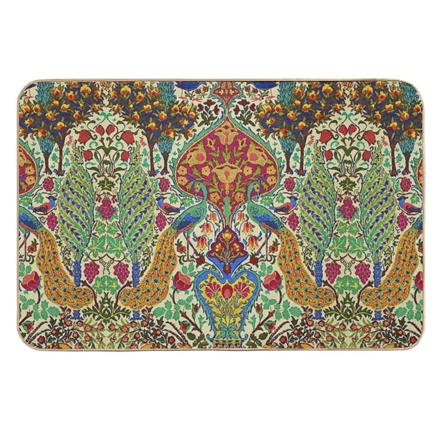PEACOCKS, BIRDS, DEERS,FLOWERS AND POMEGRANATE TREES  Oriental Floral  Repositionable Bath Mat
