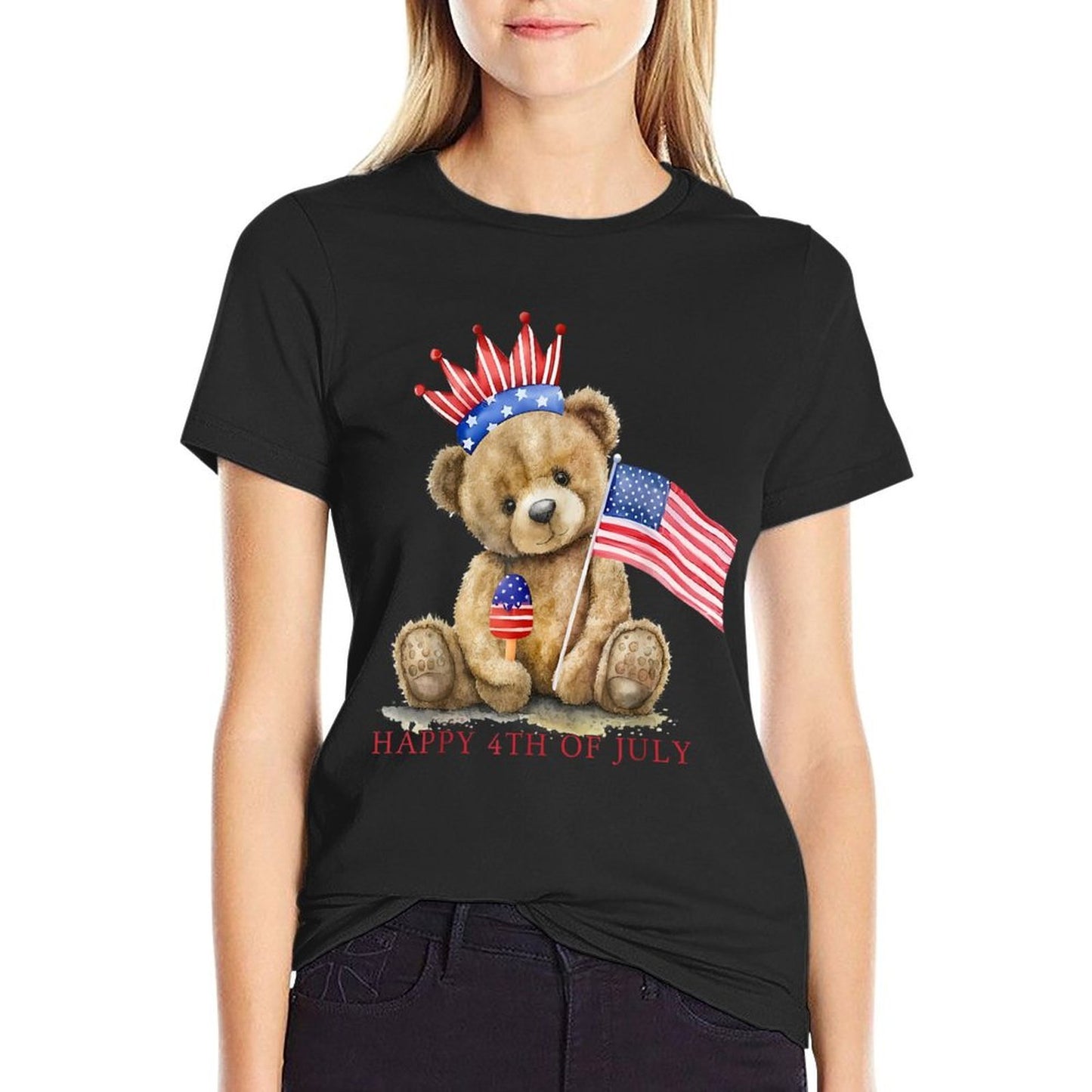 Happy 4th Of July Patriotic Cute Teddy Bear Women Girls Kids  Trendy Pattern T-Shirt