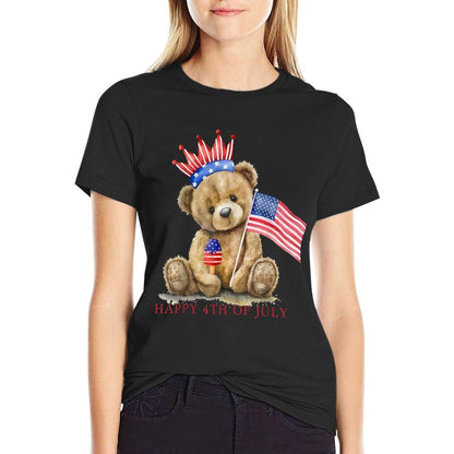 Happy 4th Of July Patriotic Cute Teddy Bear Women Girls Kids  Trendy Pattern T-Shirt