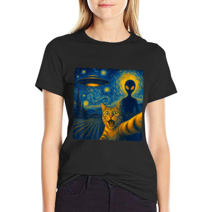 Cat Selfie with Alien UFO Van Gogh Art Gifts Men Women Kid  Oversized Silhouette T-Shirt