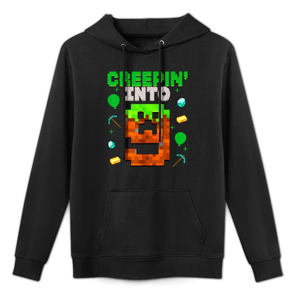 9th Birthday Gamer Pixel Creepin’ Into 9 Video Game Party Medium-Weight Fabric Hoodie