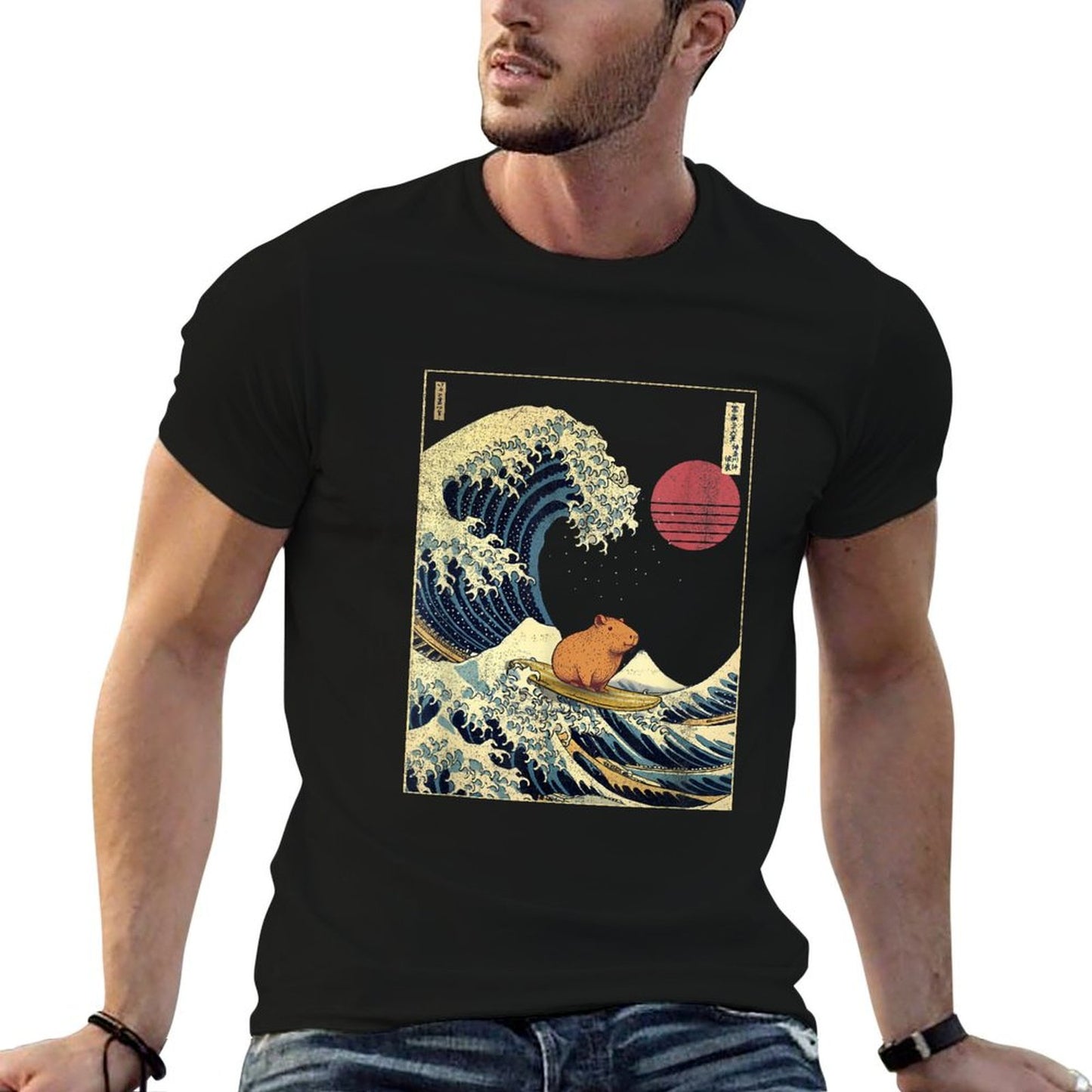 Capybara Japanese Kanagawa Wave Funny Surf Animal Rolled Sleeves T-Shirt
