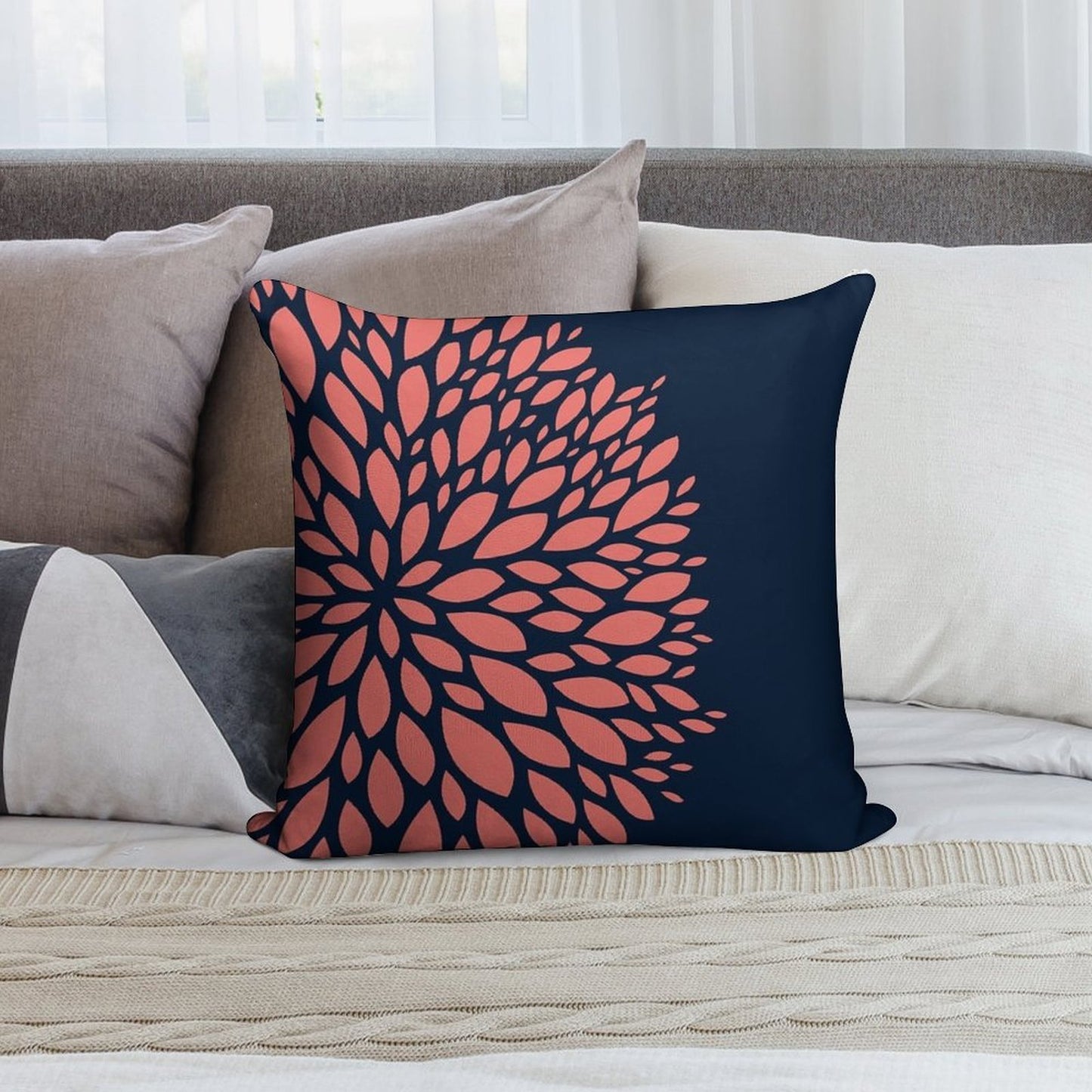 Navy Blue And Coral Flower Design Soft High-Density Material Throw Pillow