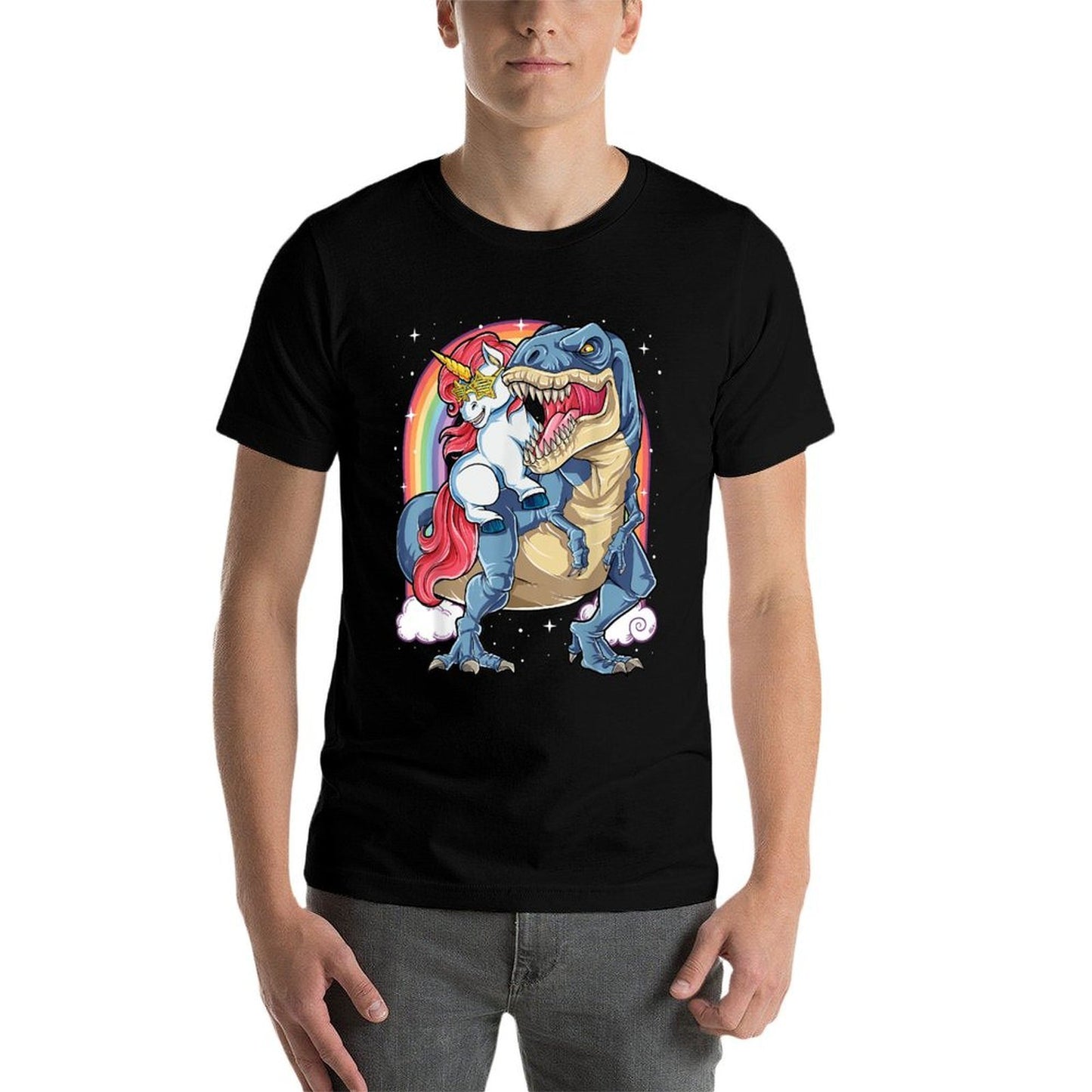 Unicorn Riding T Rex Dinosaur Boys Girls Men Women Rainbow  Cotton T-Shirt