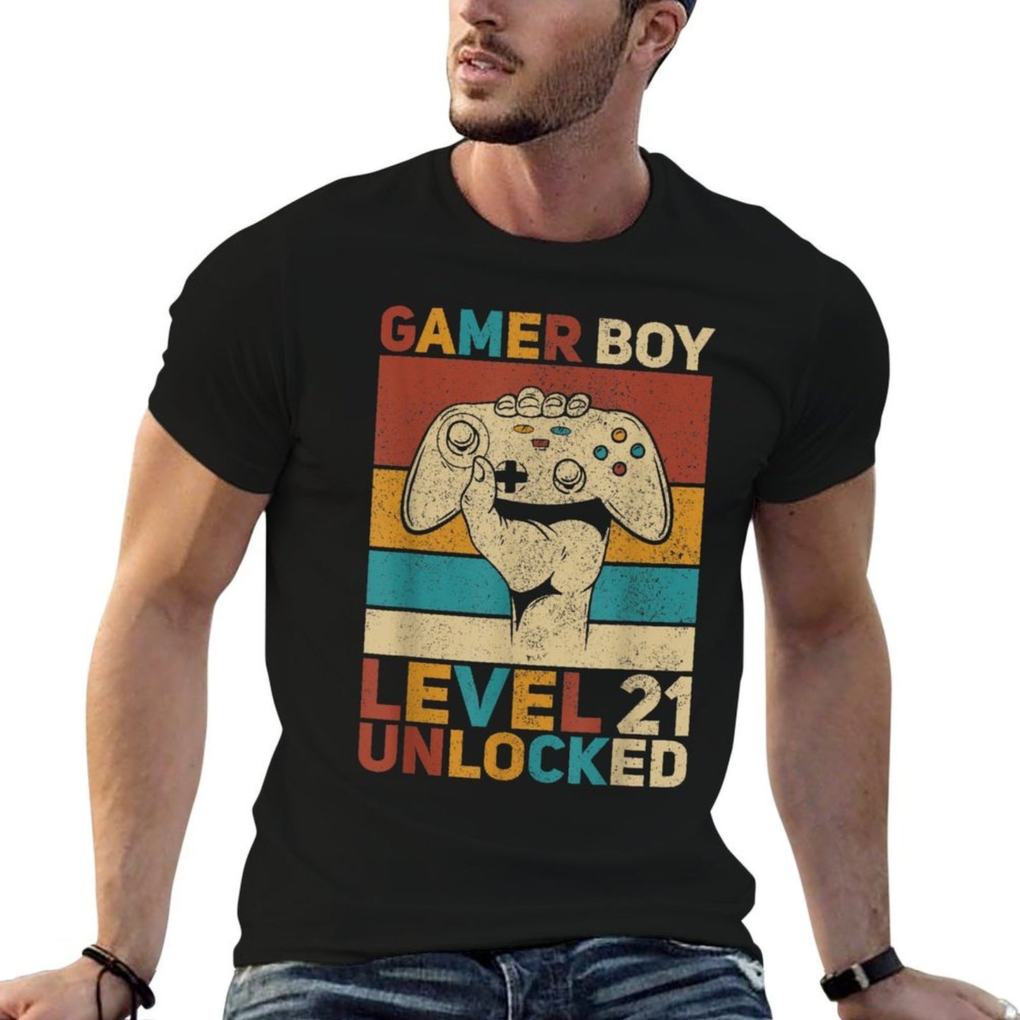 Mens Gamer Boy Level 21 Unlocked 21 Years Old Boy 21st Birthday  Oversized Silhouette T-Shirt