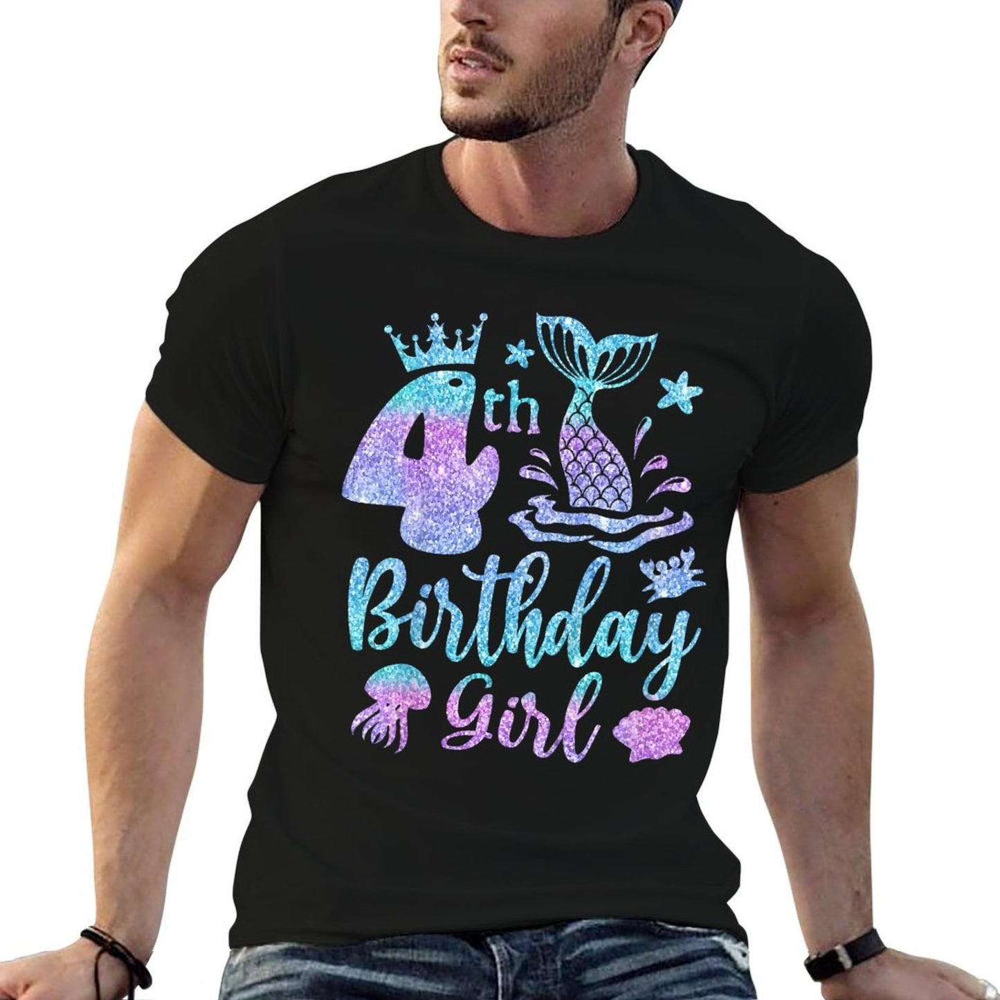 Kids Mermaid Birthday 4 Years Old 4th Bday Sea Mermaid For Girls  Ribbed Collar T-Shirt