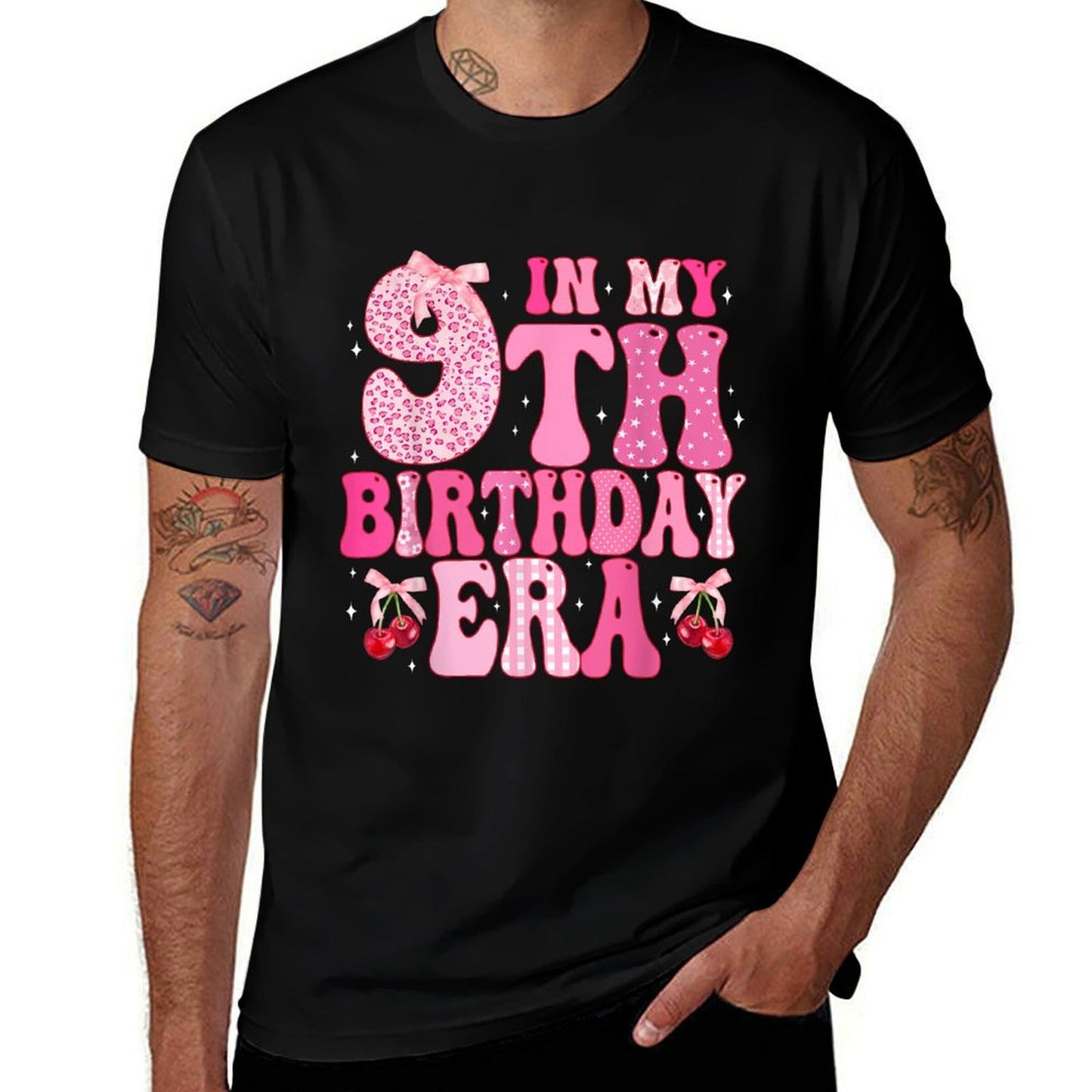 Kids In My 9th Birthday Era Girl Coquette Bow Cherry Theme  Tagless Design T-Shirt