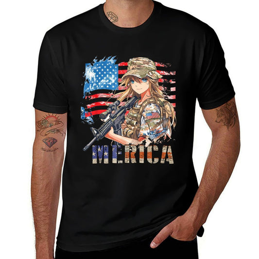 4th Of July Military Anime Girl Patriotic Kid Women US  Moisture-wicking T-Shirt