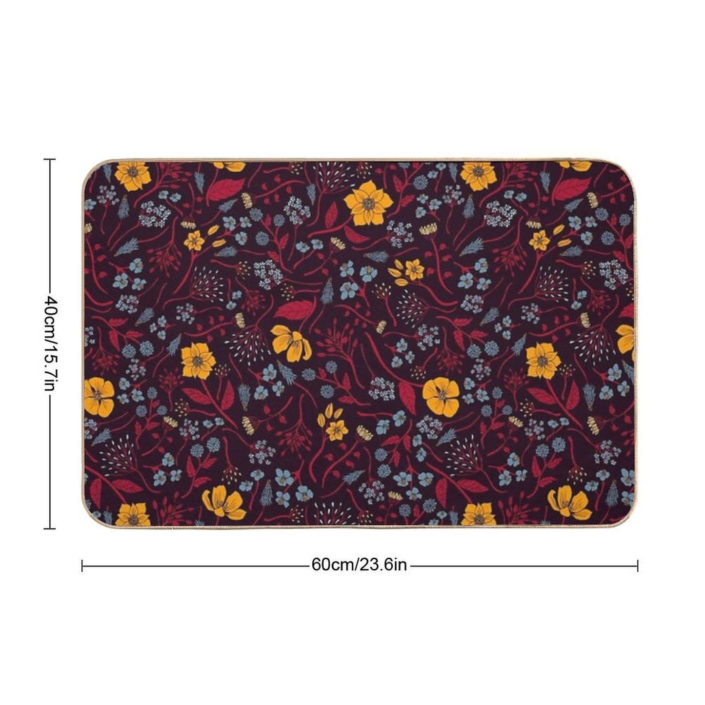 Mustard Yellow, Burgundy & Blue Floral Pattern  Easy Maintenance Bath Mat