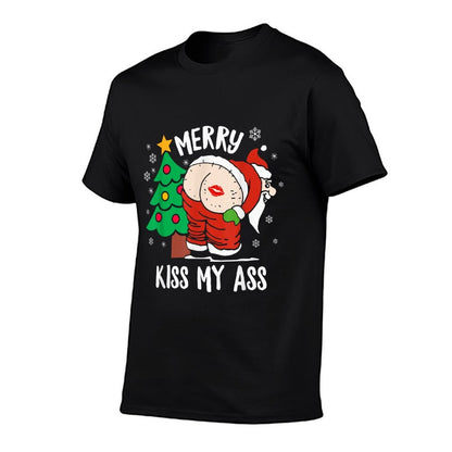 Merry Kiss My Ass Naughty Christmass Funny Santa Claus  Rolled Sleeves T-Shirt