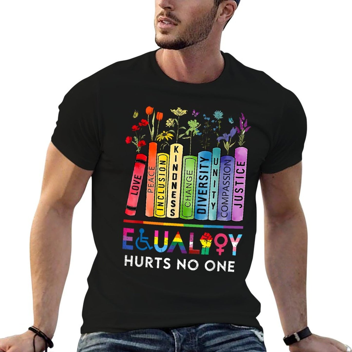 Equality Hurts No One Book Flower Rainbow Pride Month LGBTQ  Relaxed-fit T-Shirt