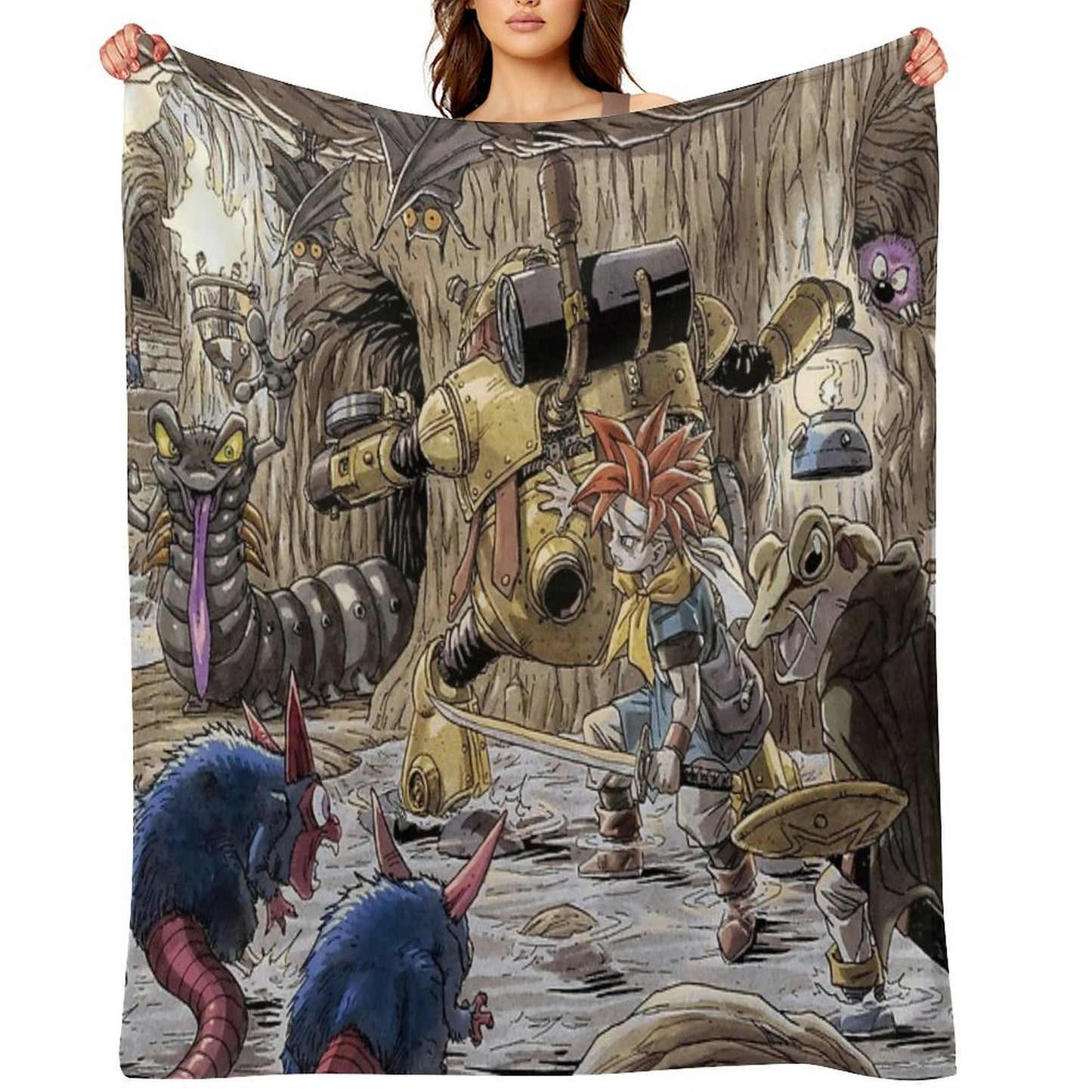 Crono, Robo, And Frog Traverse A Dark Cavern Filled With Monsters Chrono Trigger Gift-ready Throw Blanket