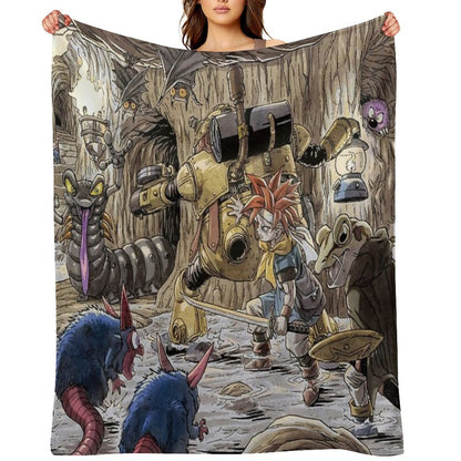 Crono, Robo, And Frog Traverse A Dark Cavern Filled With Monsters Chrono Trigger Gift-ready Throw Blanket