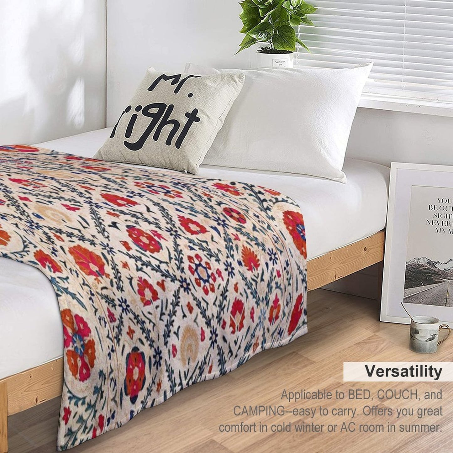 Kermina Suzani Uzbekistan Floral Embroidery Print Wrinkle-free Throw Blanket