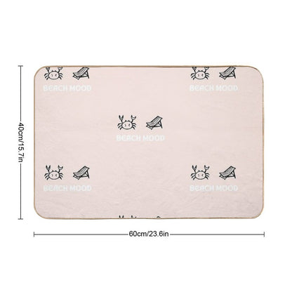 Beach Mood  Crab And Beach Lounge Chair Illustration  Pastel Pink Background  Absorbent Bath Mat