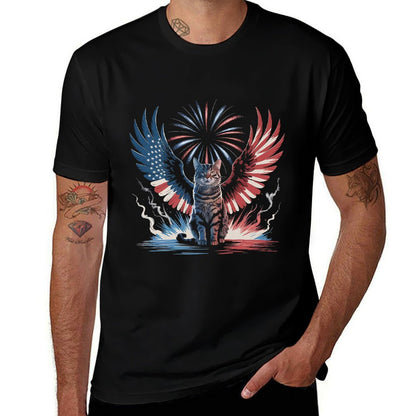 Patriotic Cat with Wings 4th of July Fireworks Design Premium  Trendy Pattern T-Shirt