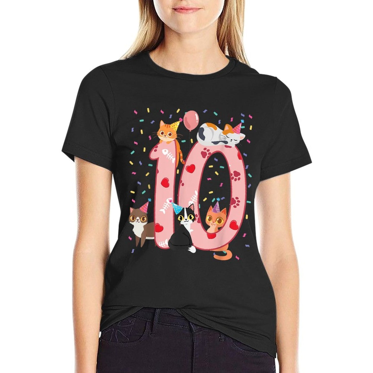 10th Birthday Girl Cute Cat Outfit 10 Years Old Bday Party  Cotton T-Shirt