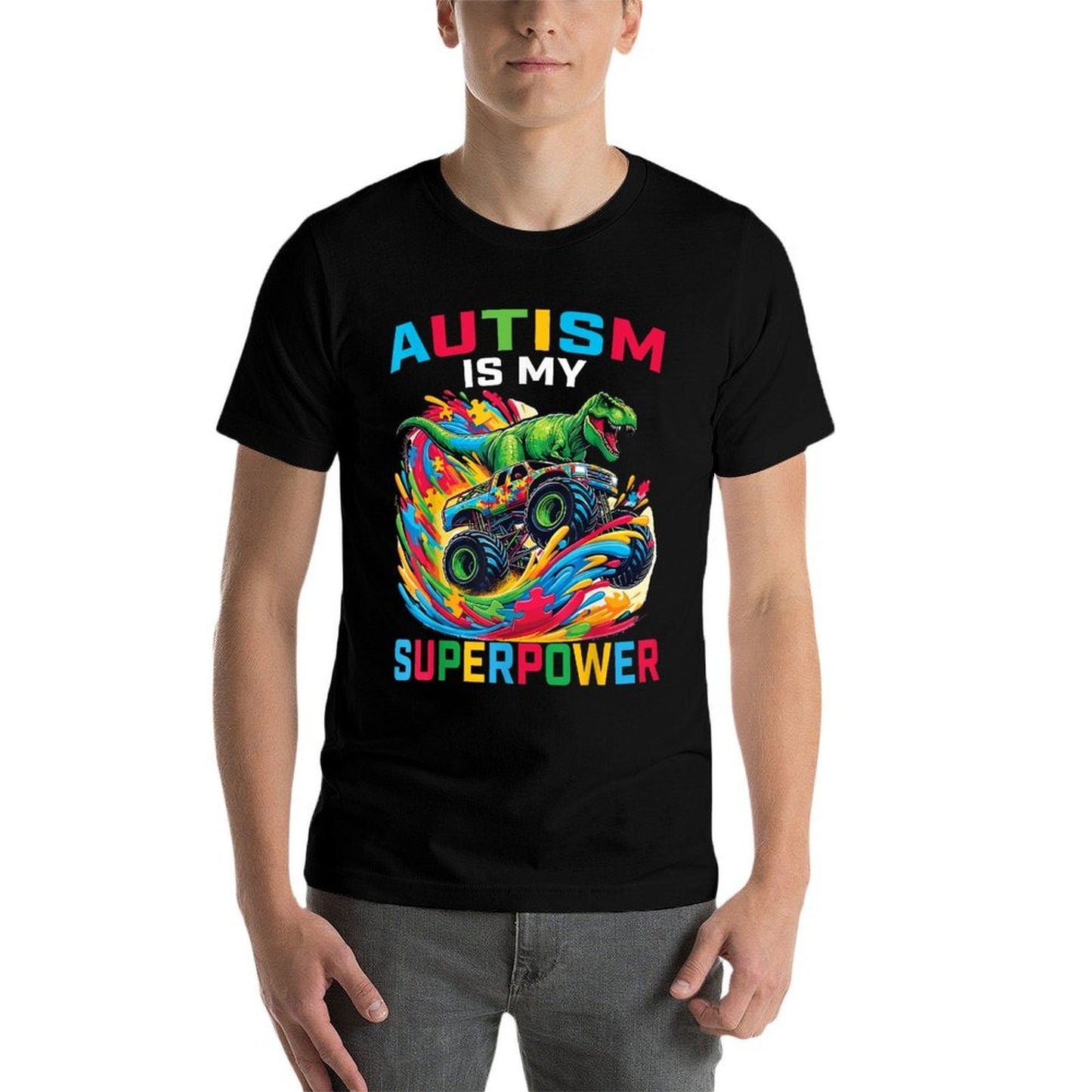Autism Is My Superpower Dino T Rex Monster Truck Kids Boys  Relaxed-fit T-Shirt