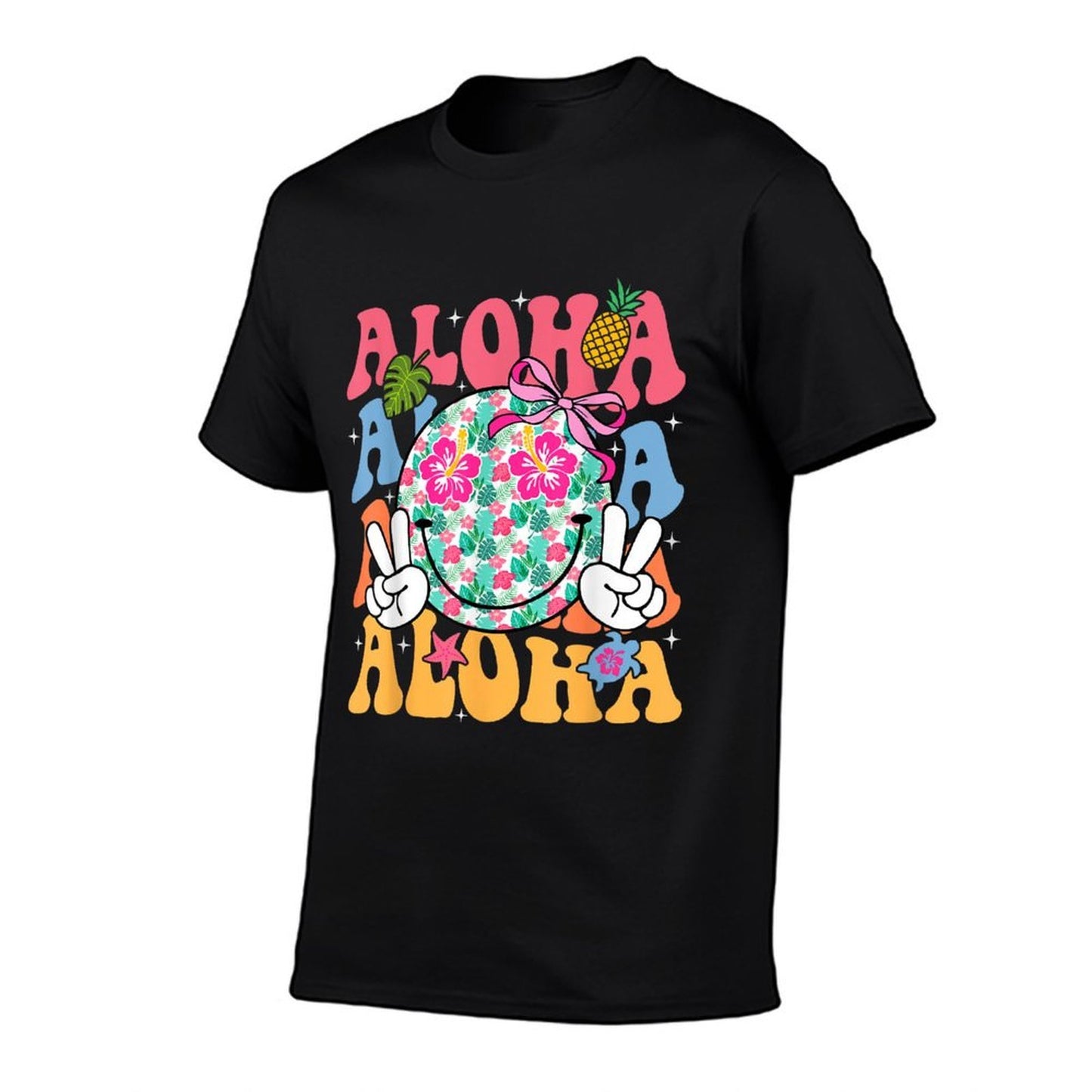 Aloha Hawaiian Cute Smile Face Shaka Hibiscus Kids Girls  Summer-ready Fabric T-Shirt