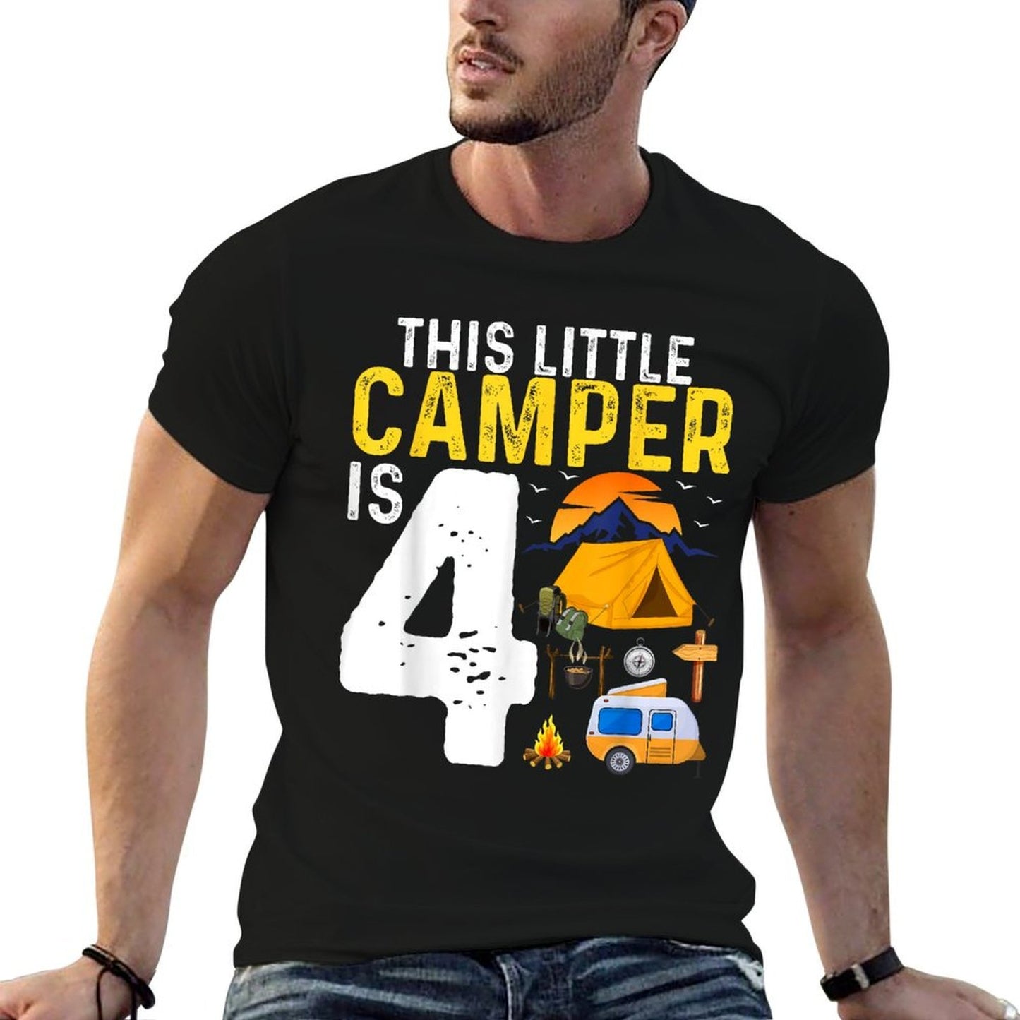 Kids Funny 4th Camping Birthday Camper Lover 4 Year Old  Lightweight T-Shirt