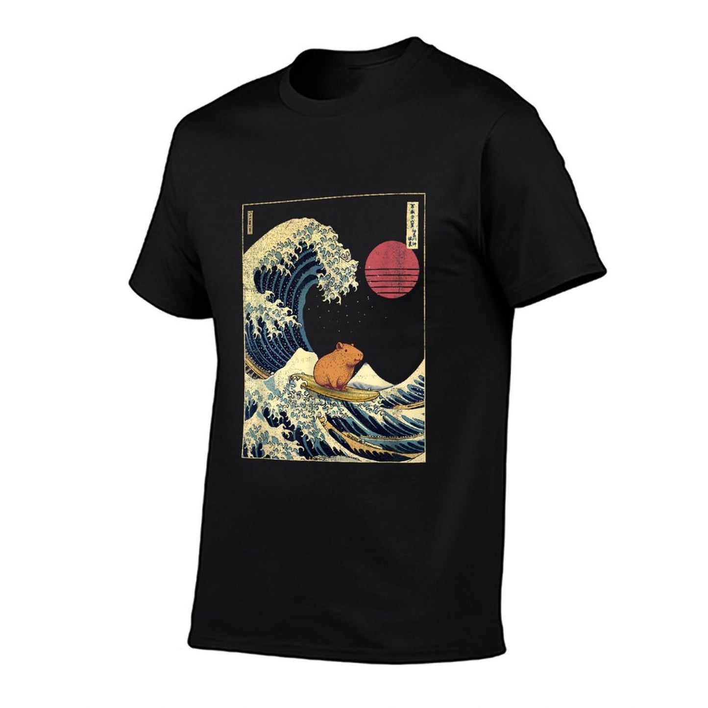 Capybara Japanese Kanagawa Wave Funny Surf Animal Rolled Sleeves T-Shirt