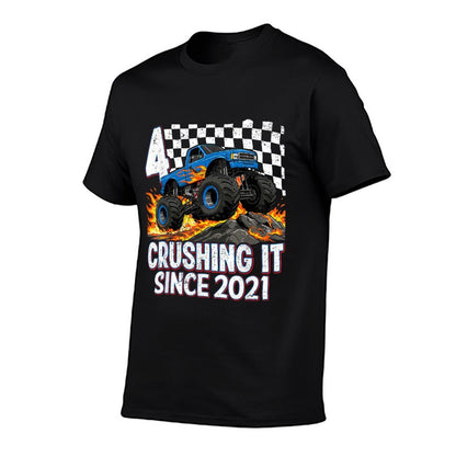 4th Birthday Monster Truck 4 Year Old Boys Party Born 2021  Ribbed Collar T-Shirt