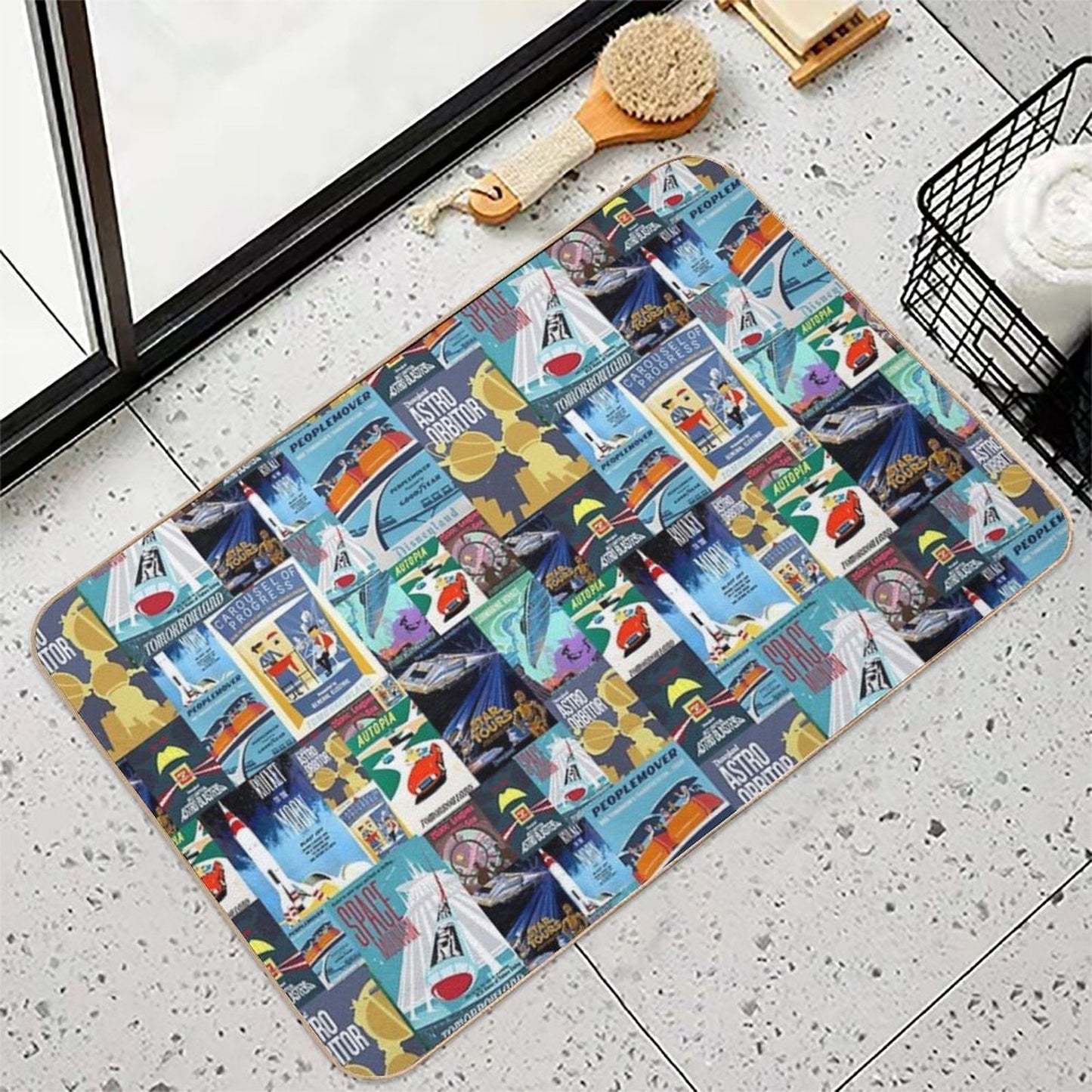 Tomorrowland Theme Park Vintage Ride Attraction Posters  Stain-Proof Bath Mat