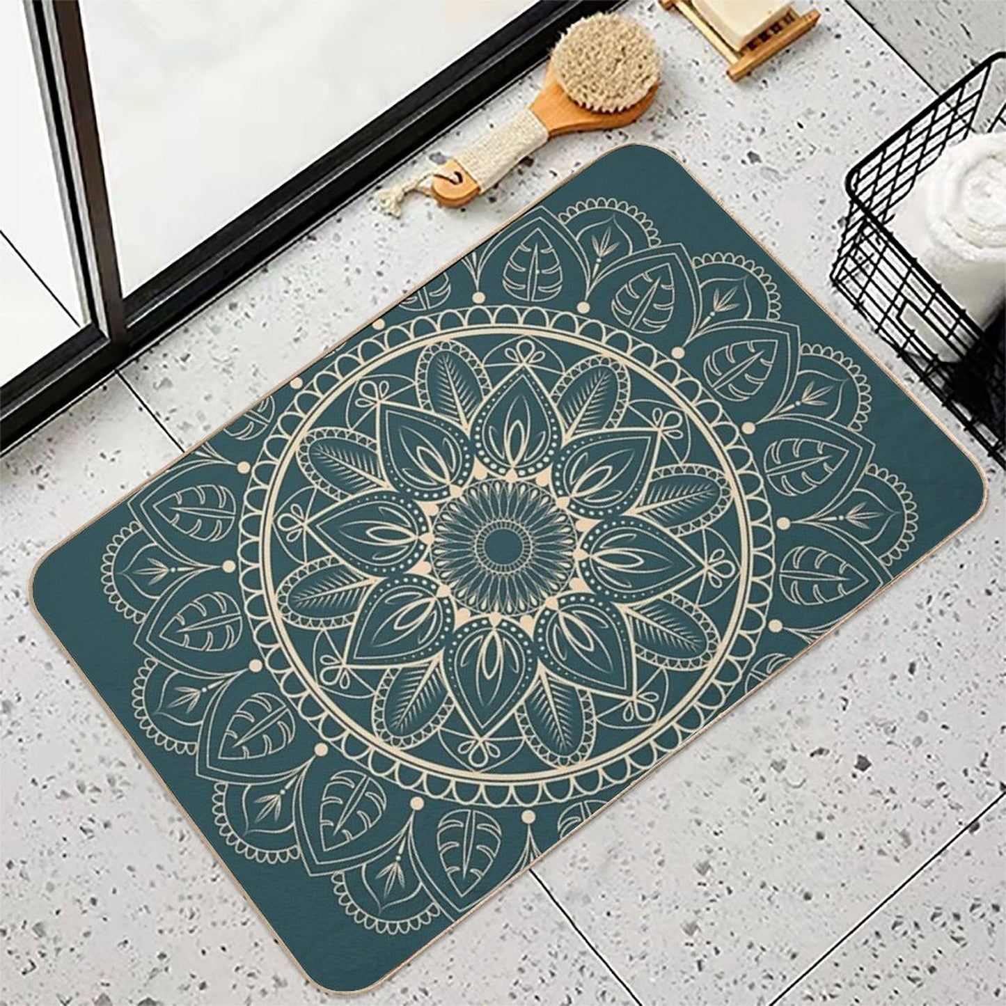 Petrol-Green And Yellow Mandala I  Dirt-Trapping Bath Mat