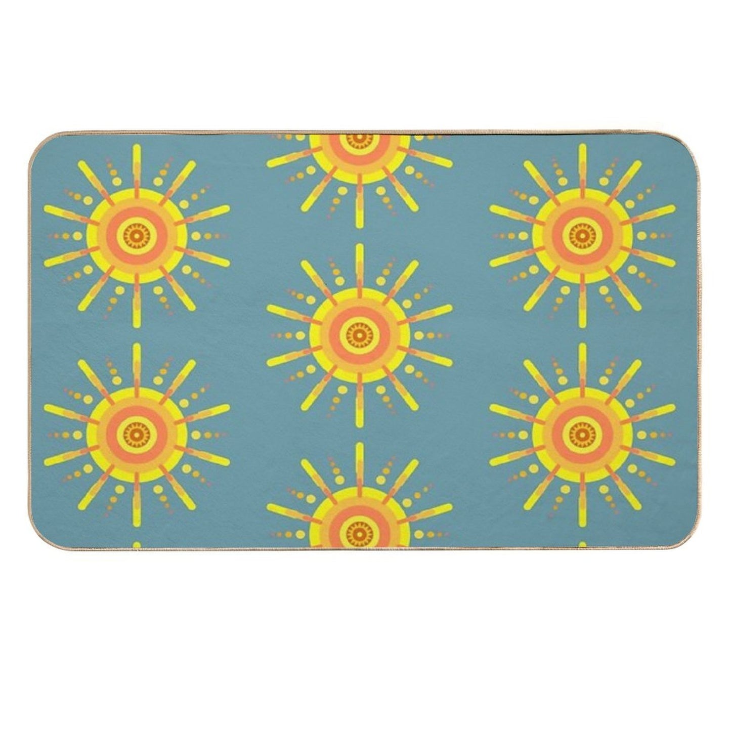 Yellow Sun Pattern Retro Style Design Blue  High-Traffic Bath Mat