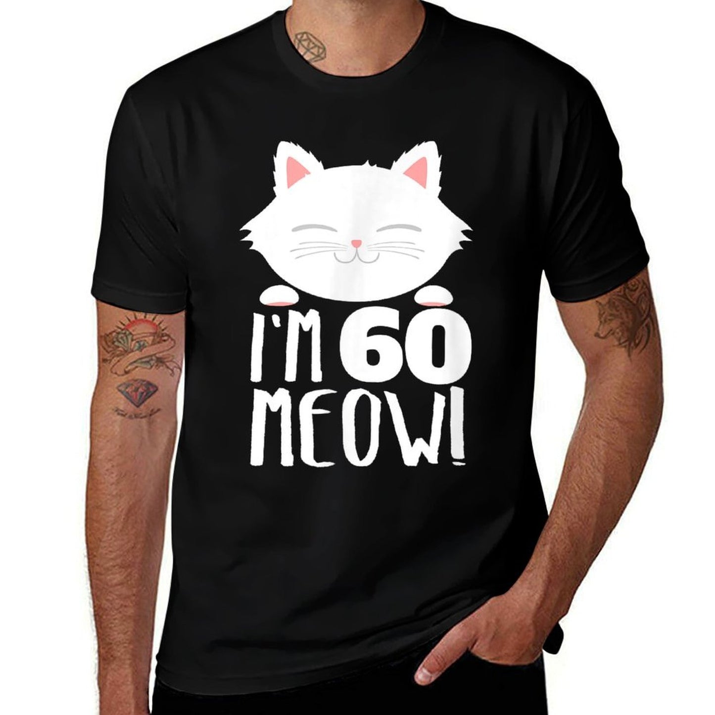 Cat Birthday Gift Woman 60th Birthday Age 60th Year Meow!  Rolled Sleeves T-Shirt