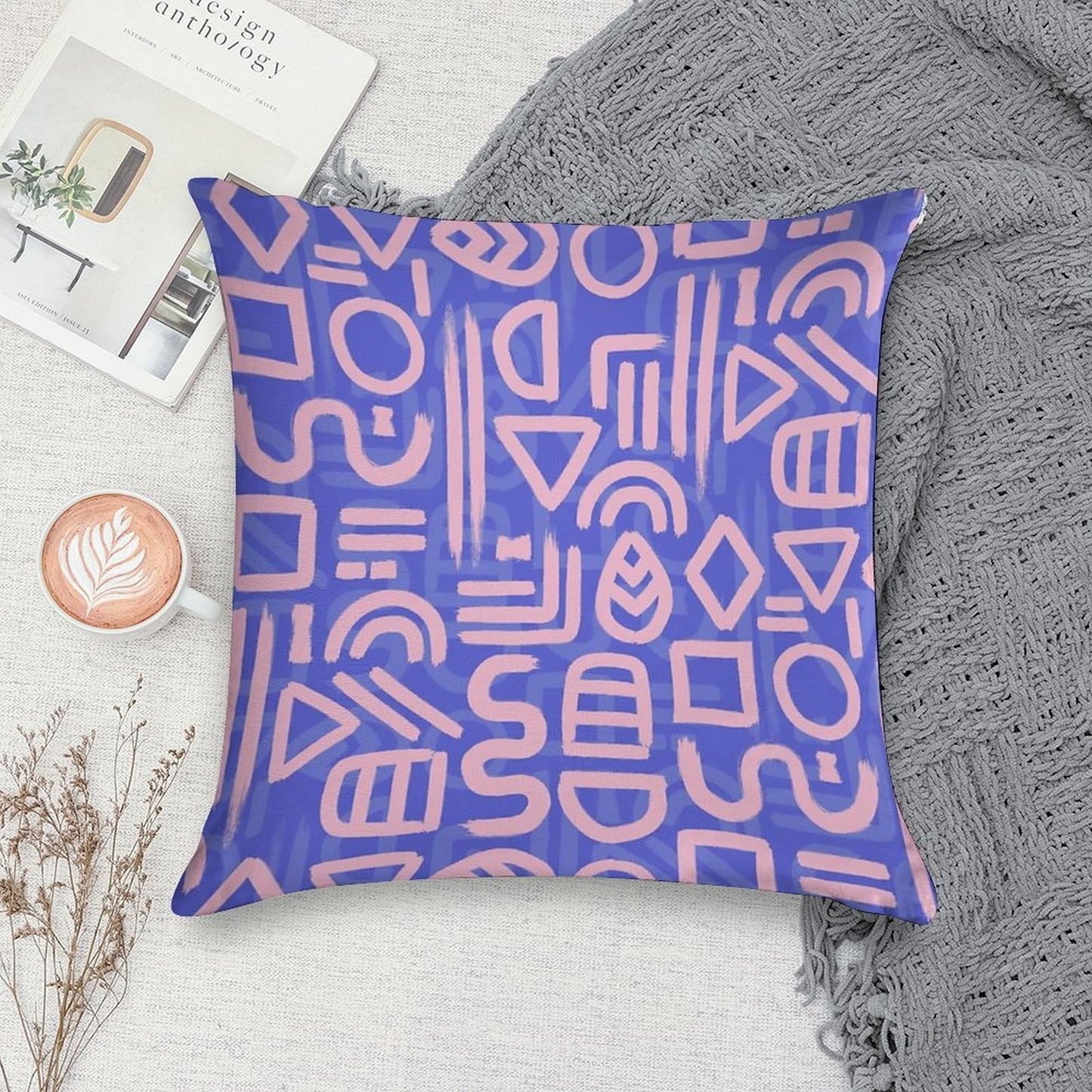 Shapes And Glyphs - Bold Brushstroke Abstract in Pink And Blue Soft Durable Construction Throw Pillow