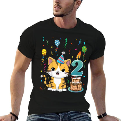 Kids Cute Cat Two Years Old 2nd Birthday Party Cat Lover Kids  Summer-ready Fabric T-Shirt
