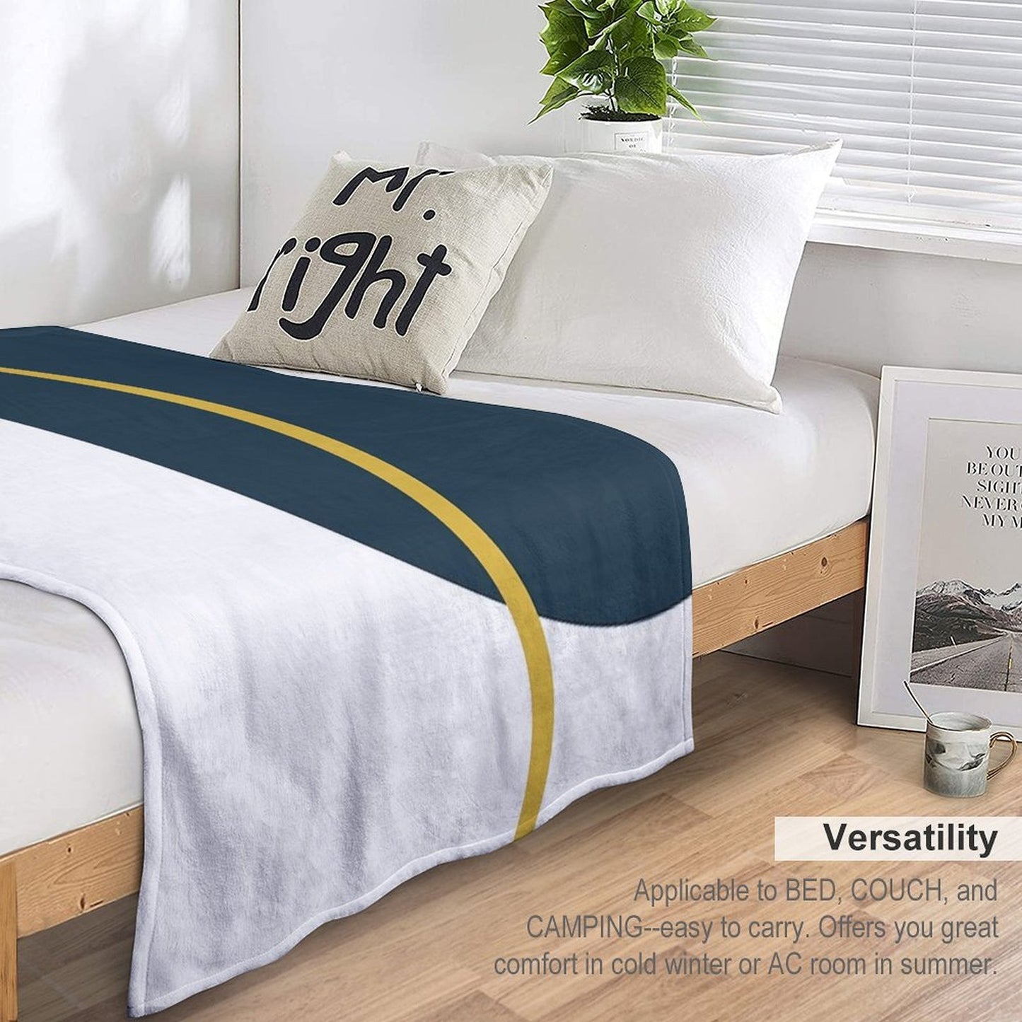 Abstract Geometric Minimalist Navy Blue, Light Mustard Yellow, And White Travel-friendly Throw Blanket