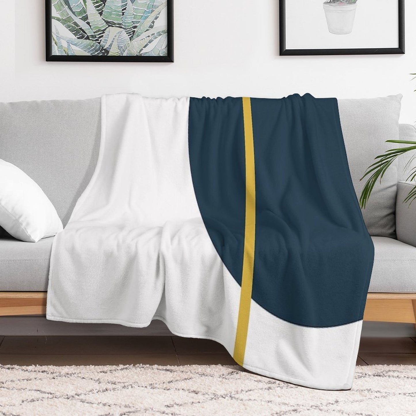 Abstract Geometric Minimalist Navy Blue, Light Mustard Yellow, And White Travel-friendly Throw Blanket