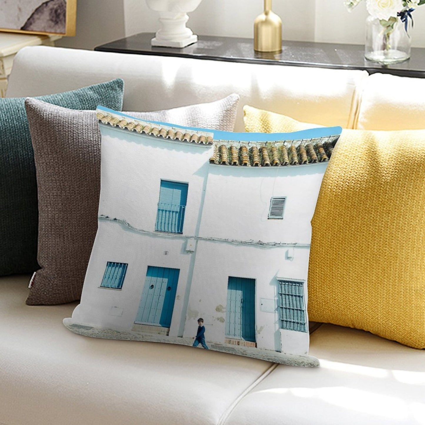 White And Blue Town Soft Washable Throw Pillow