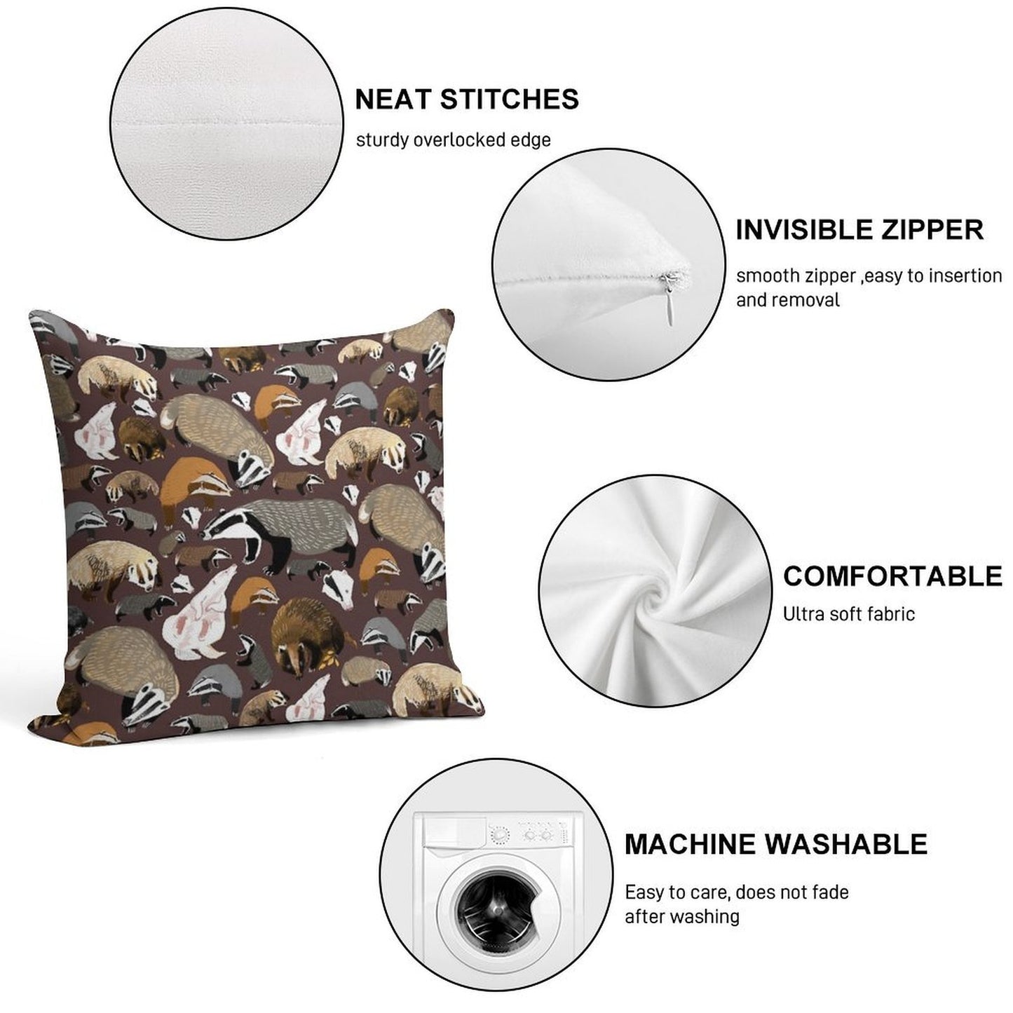 European Badger Soft Short Plush Fabric Throw Pillow