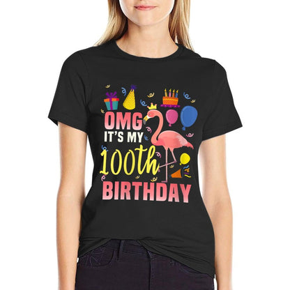 Womens 100 Year Old Women Men Gift Flamingo It's My 100th Birthday  Stretchy T-Shirt