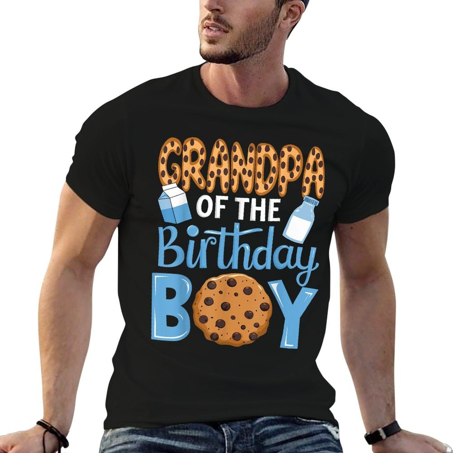 Grandpa of The Birthday Boy Milk And Cookies Opa 1st Bday  Ribbed Collar T-Shirt